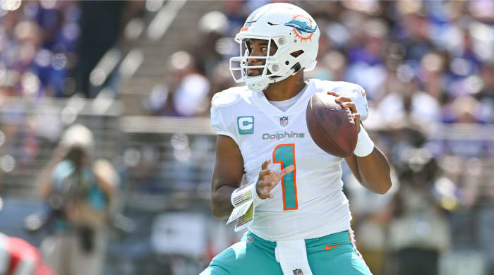 Sep 18, 2022; Baltimore, Maryland, USA; Miami Dolphins quarterback Tua Tagovailoa (1) drops back to pass during the first half against the Baltimore Ravens at M&T Bank Stadium.